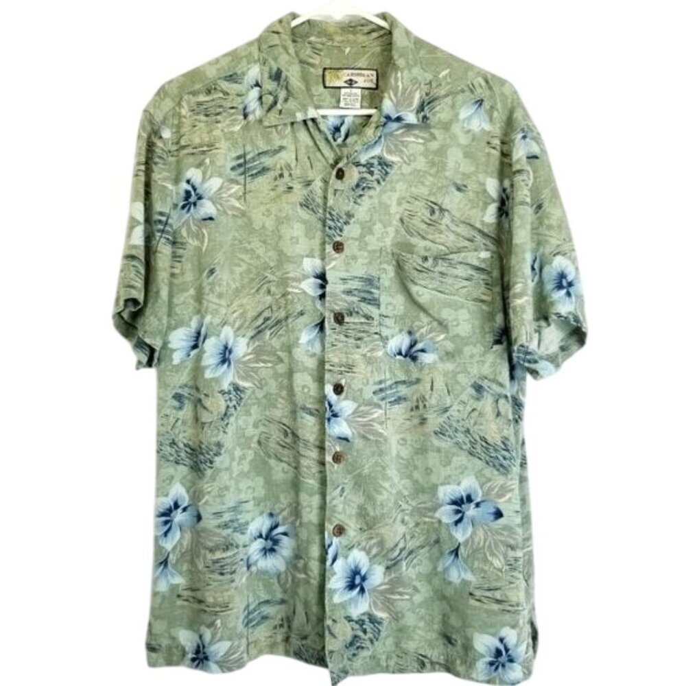 Caribbean Joe Mens Green Hibiscus Floral Short‎ Sleeve Button-Down Shirt S